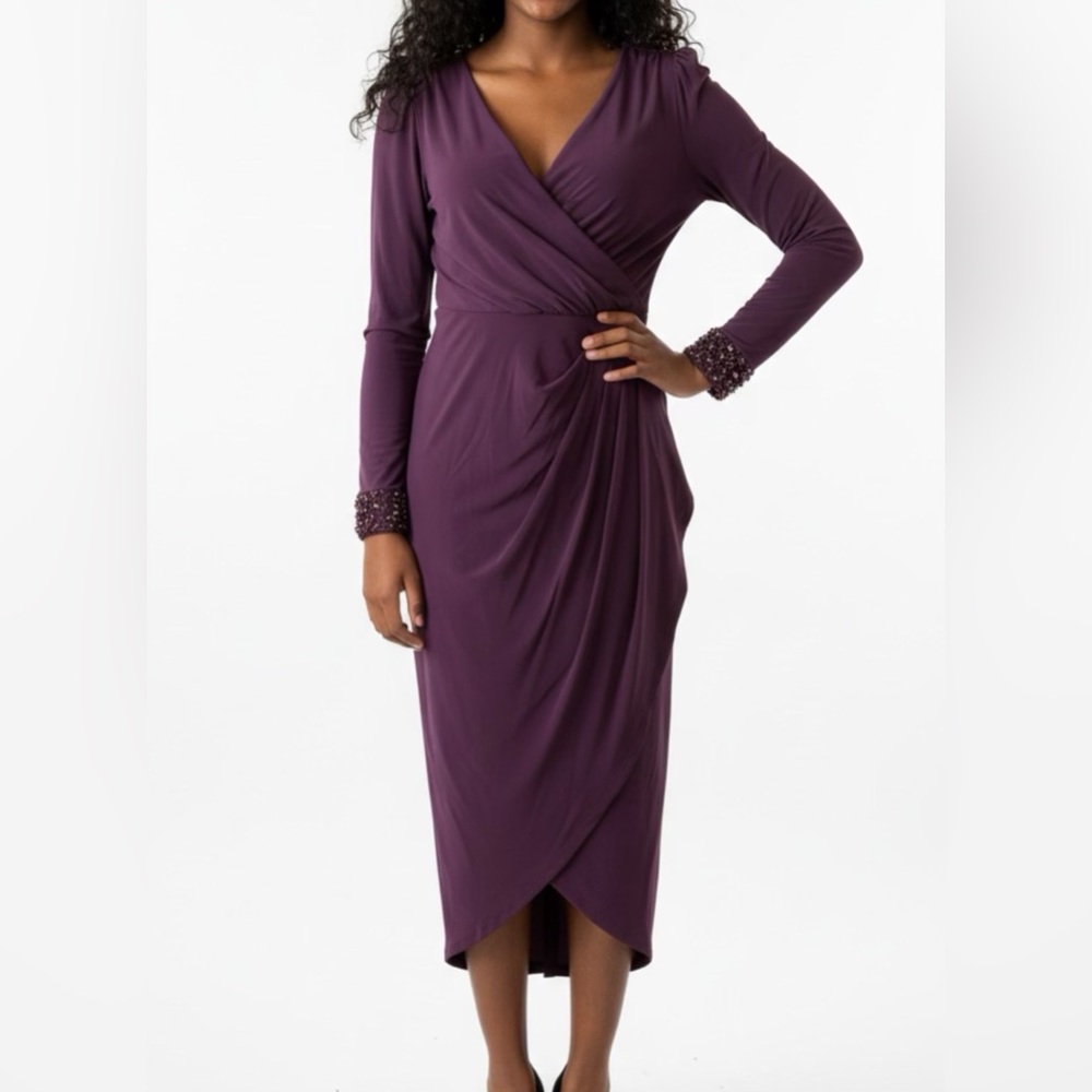 Adrianna Papell Plum Long Sleeve Wrap Dress